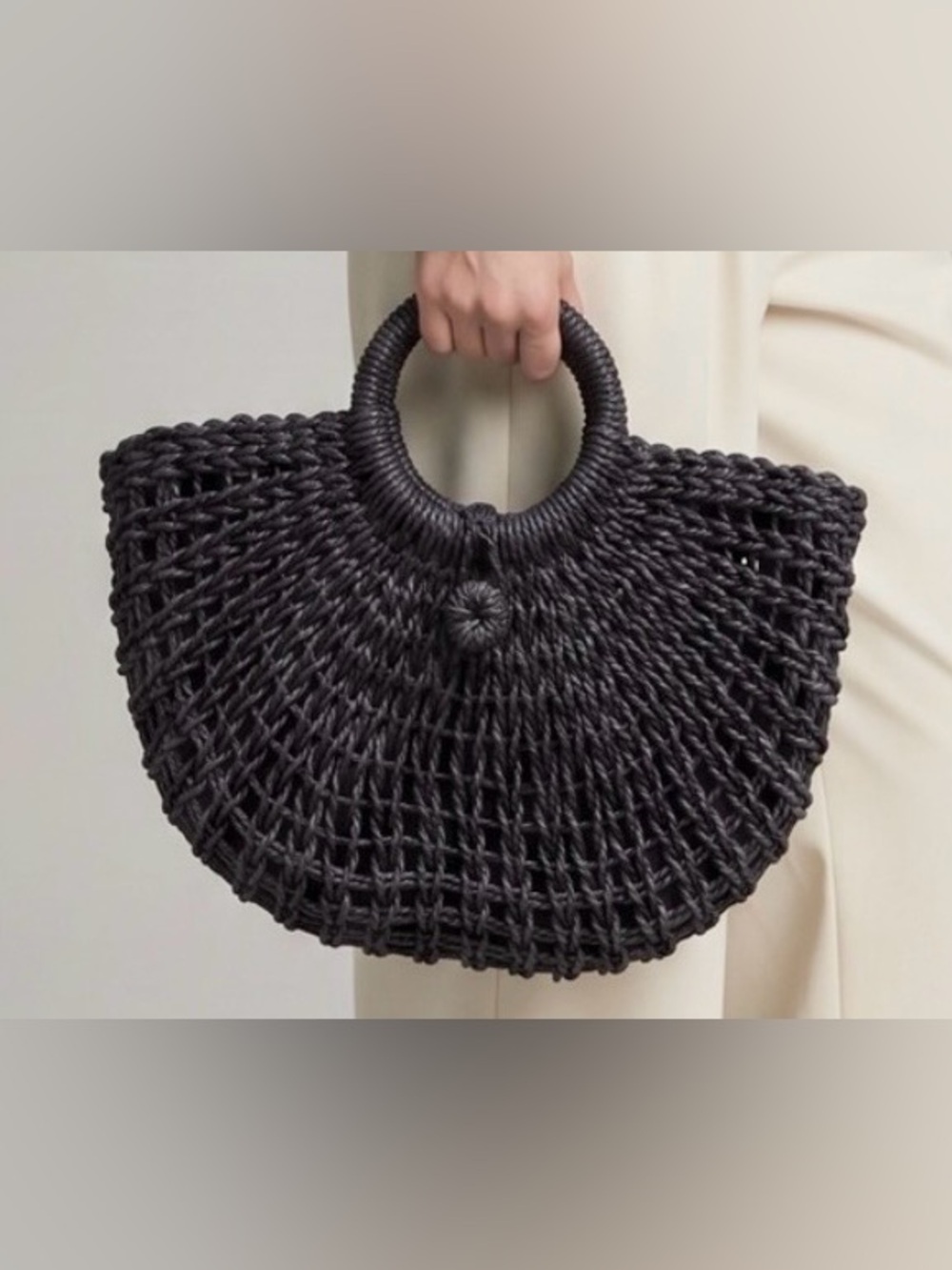 Natural Woven Round-Handle Tote Bag in Charcoal Gray EUC